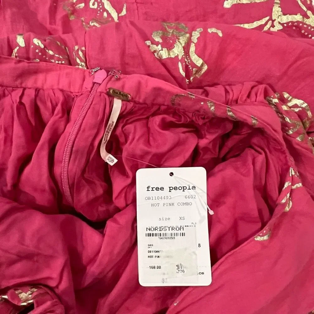 Free People Sleeveless Maxi Dress Pink with Gold Metallic Floral Tie Back XS
